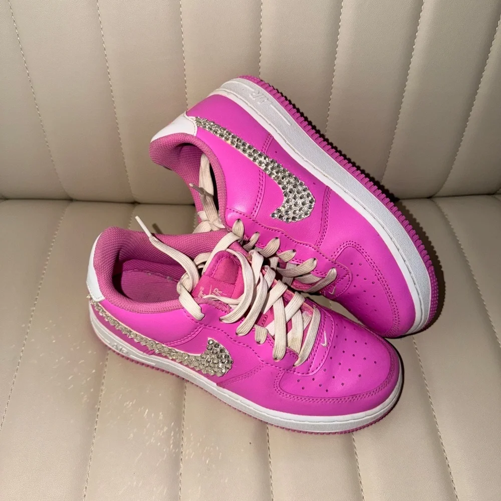 Pink Y2K Bedazzled Nike Sneakers with Rhinestone Swoosh on outside 4Y Barbiecore